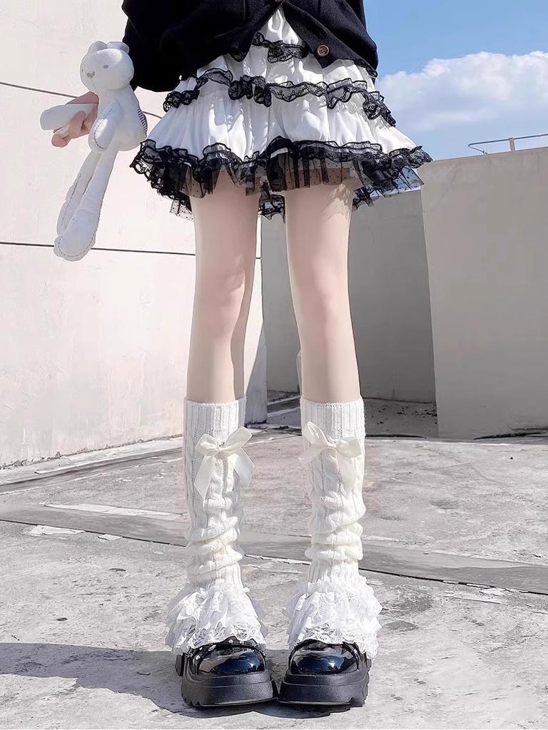 New Japanese Women Knitted Leg Warmer sweet Bow Tiered Ruffled Socks Girl Lace Lolita Socks Calf Lace Leggings Warmers Women