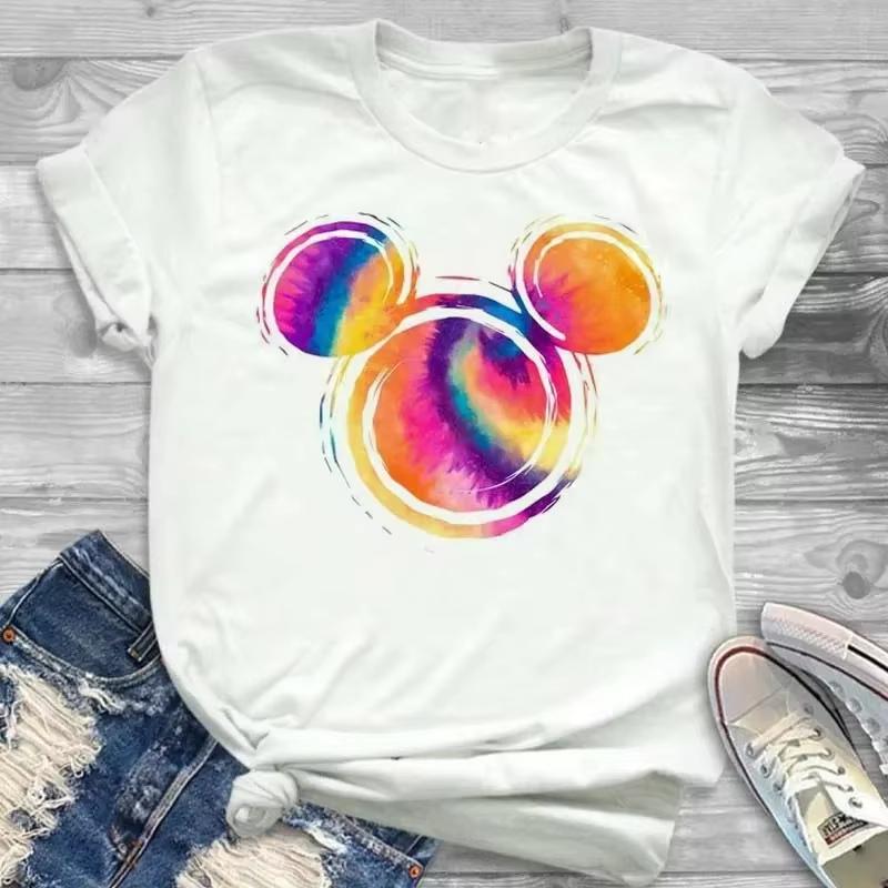 2026 New Colorful Cute Mickey Mouse Head Classic Pattern Breathable Crew Neck Top Daily Wear Short Sleeve