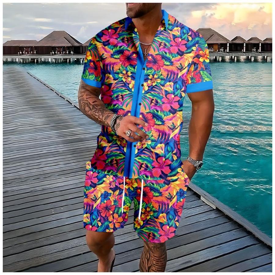 Fashionable Summer Floral 3D Print Men's Set Short-Sleeve Shirt Loose Casual Beach Shorts
