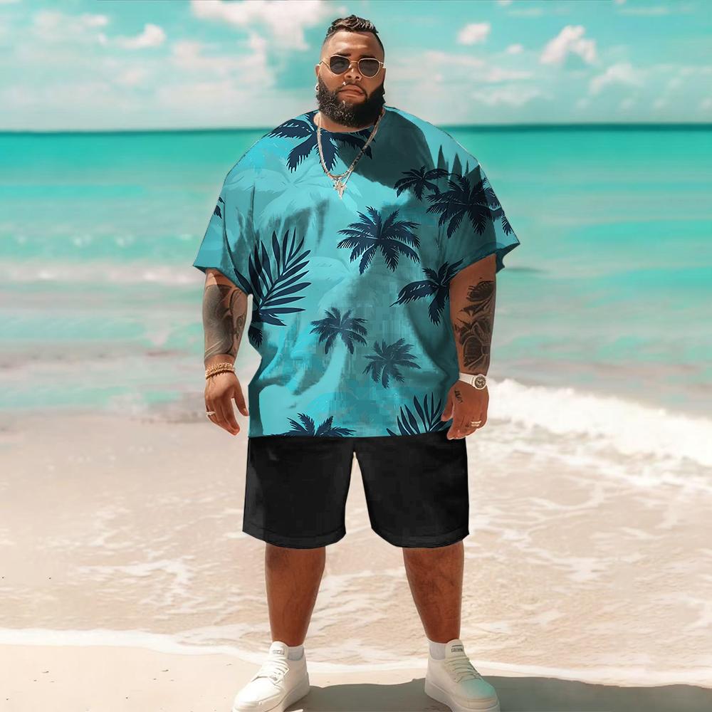 Men s Palm Tree & Tropical Island Print T-Shirt & Shorts Set, Plus Size Casual Beach Outfit for Summer Vacation S