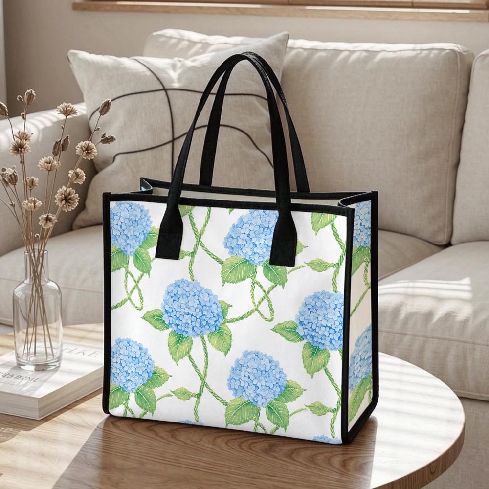 Blue Hydrangea Print Tote Bag Casual Large Capacity Shoulder Handbag for Daily Use