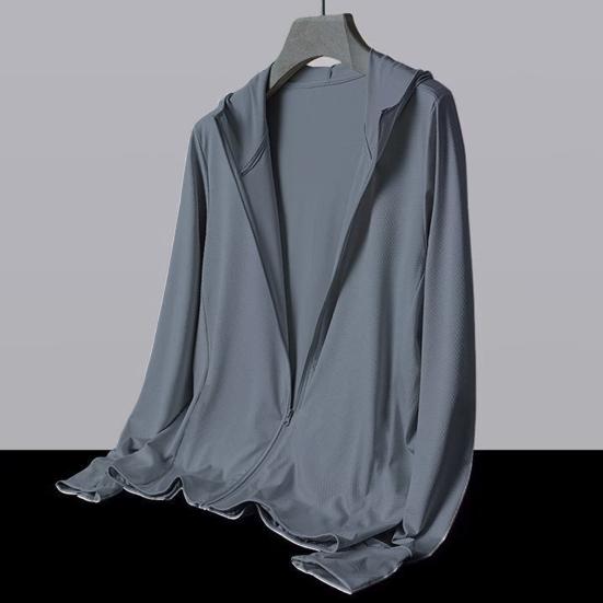 Felpa con cappuccio da pesca in seta di ghiaccio da uomo a maniche lunghe con cappuccio in rete traspirante e protezione solare, cappotto estivo sottile monocolore