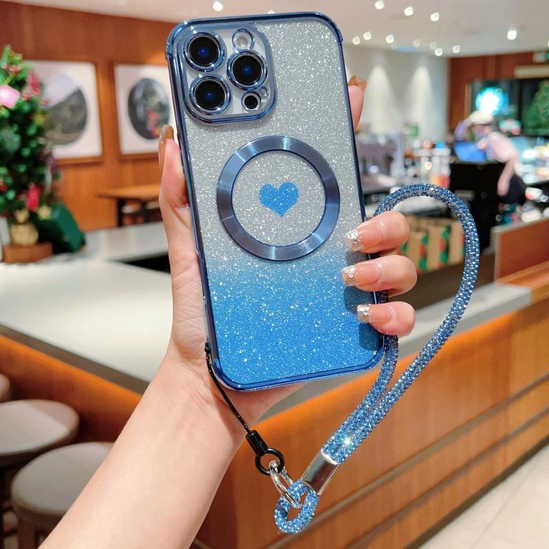 

For iPhone 16 Pro Max Case Compatible with MagSafe TPU Phone Cover with Strap Heart Gradient Sparkle Blue