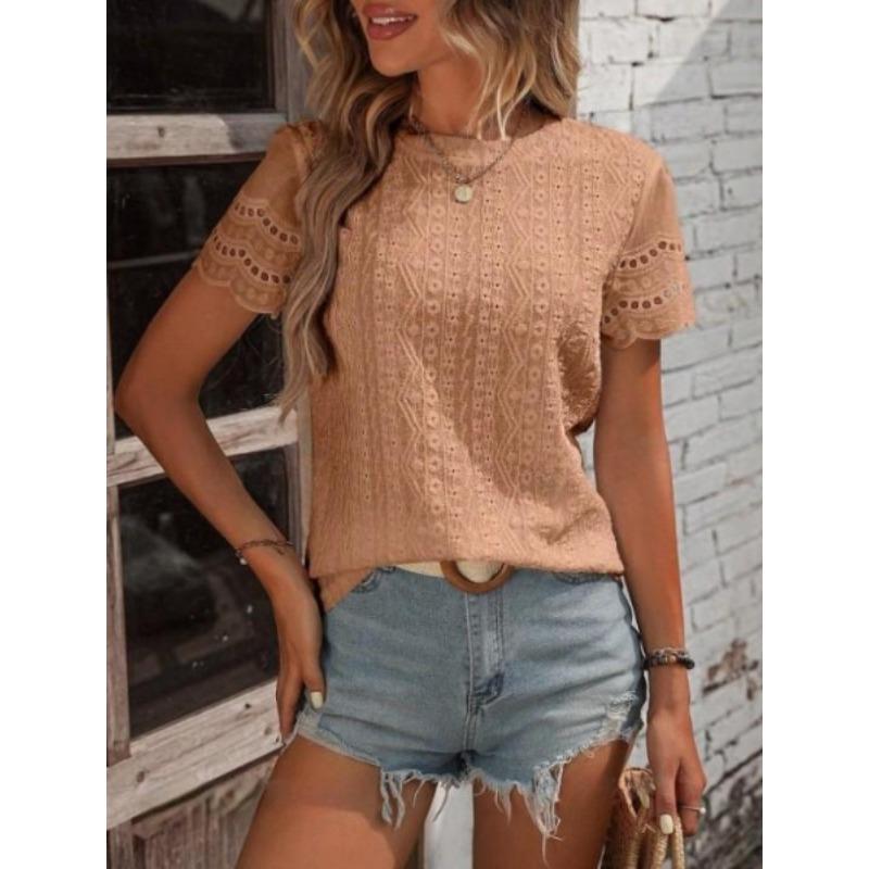 DAFIFY Women's Fashion Casual Summer Spring Solid Color Print Short Sleeve O-Neck Blouses & Shirts