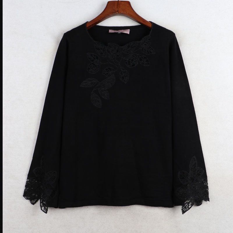 

Fall Sunshine House New Arrival Export European and American plus Size Women s Clothes Pullover Flower Decoration Long Sleeves Knitwear Base Sweater Black 46: Bust size 96-102
