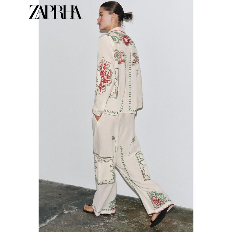 Zaprha 2025 Summer New Simple and Versatile Fashion Contrast Color Embroidered Mid Waist Casual Trousers 5107064