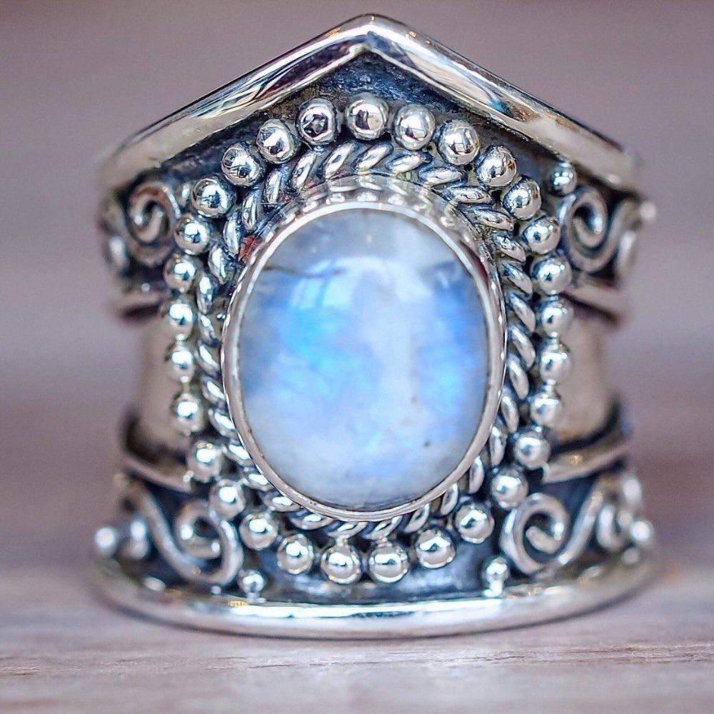 Vintage Moonstone Silver Ring for Women with Black Onyx and Turquoise Handmade Jewelry no. 5