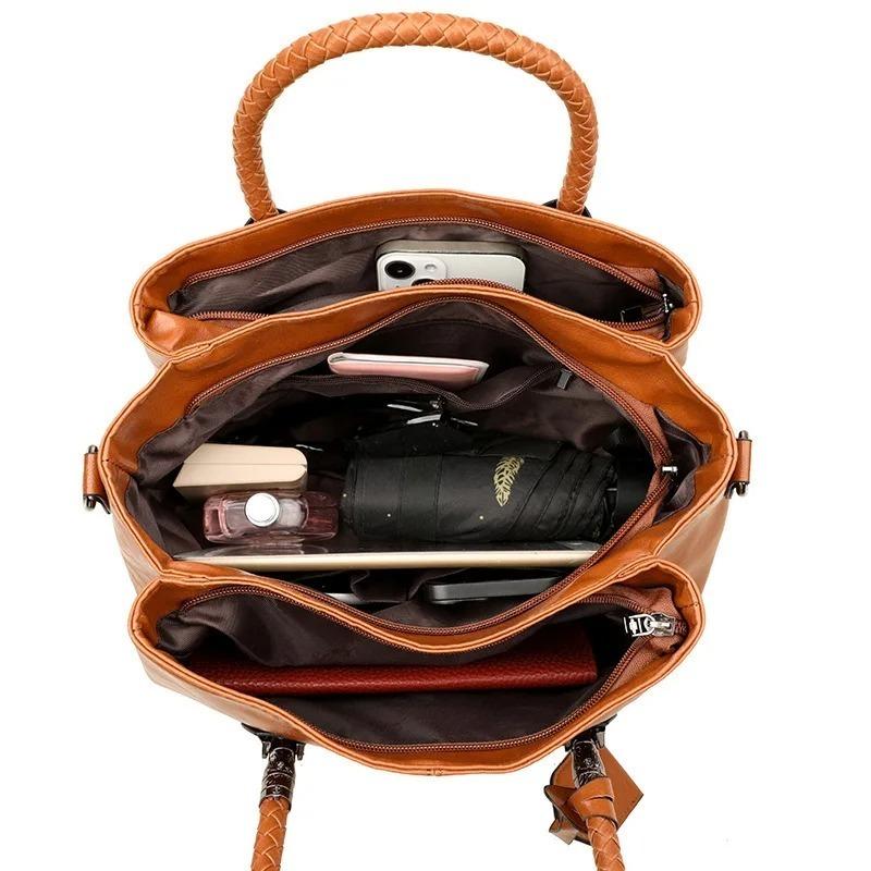 Womens Stylish PU Leather Handbag Woven Handle Adjustable Strap Single Shoulder Bag Handheld Crossbody Design Daily Bag for Commute Casual Activities