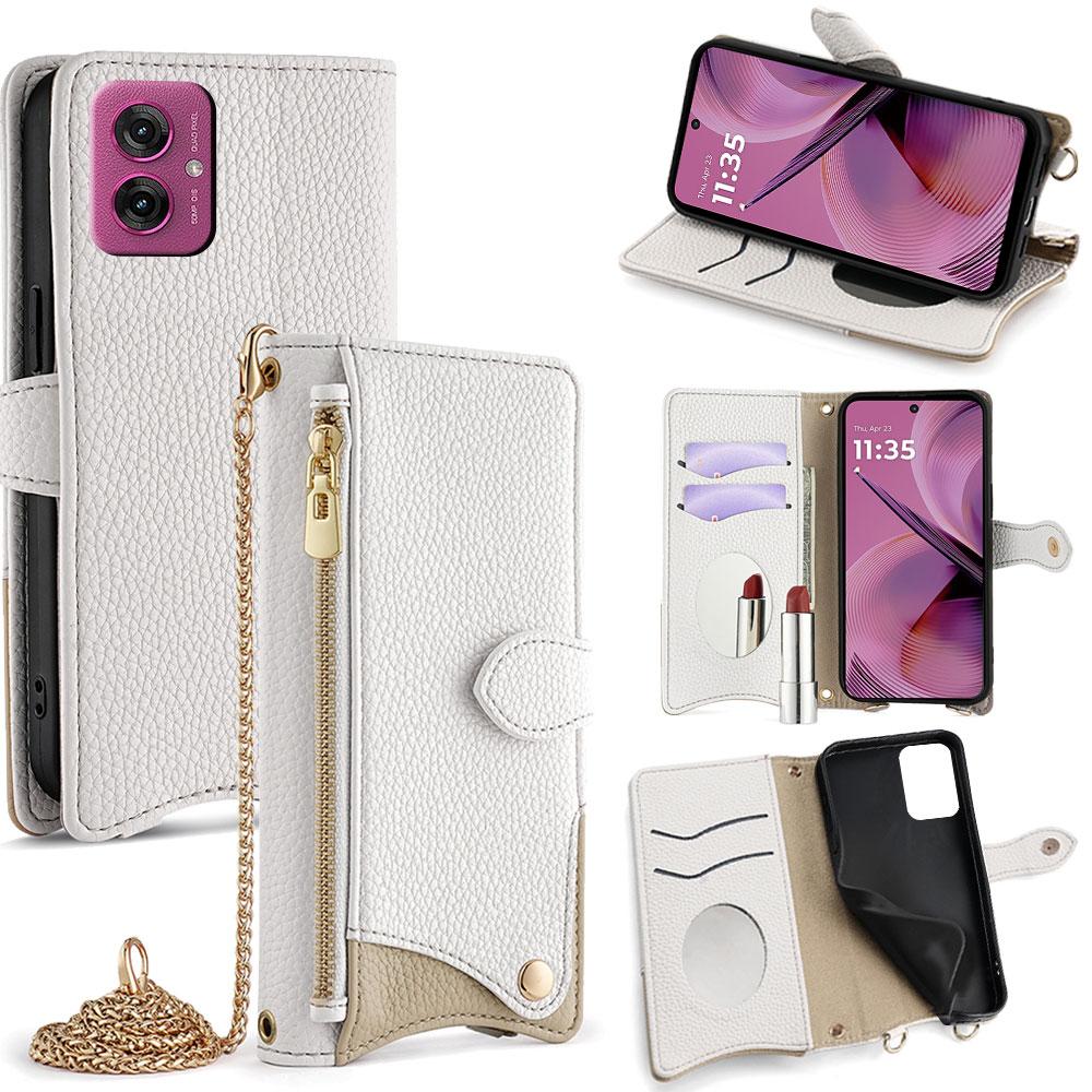 

For Motorola Moto G55 5G Leather Case Wallet Stand Cover Irregular Tail Style with Chain Strap White