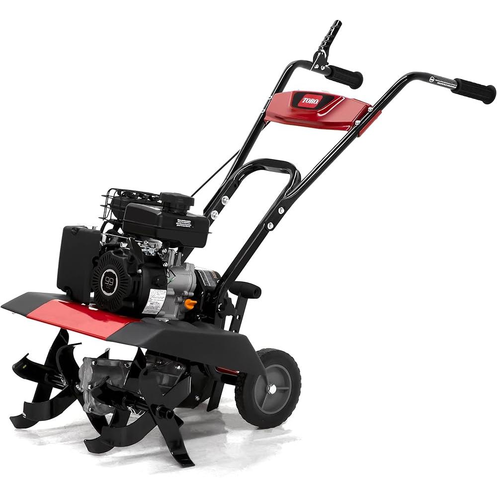 Compact Front Tine Tiller 99cc Gas Powered 4-Cycle Engine Adjustable Tilling Width 11 inch Max Tilling Depth Removable Side