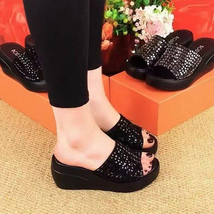 Soft leather wedge heel high heel cool slippers women's summer wear 2025 new popular fashionable thick-bottomed muffin bottom one-word slippers