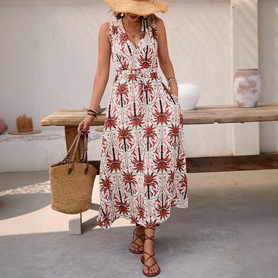 2025 New Vacation Style Plant Print Sleeveless V-neck Long Dress Summer