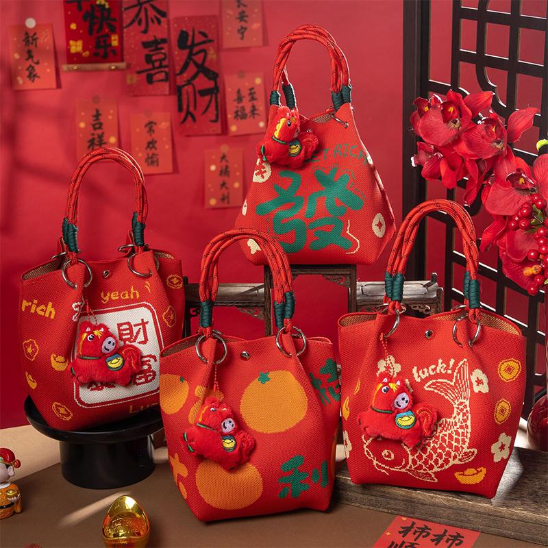 New 2026 Horse Year Cartoon Mascot Pony Knitted Bucket Bag For Women Fashion Large Capacity Portable Handbag New Year Gift