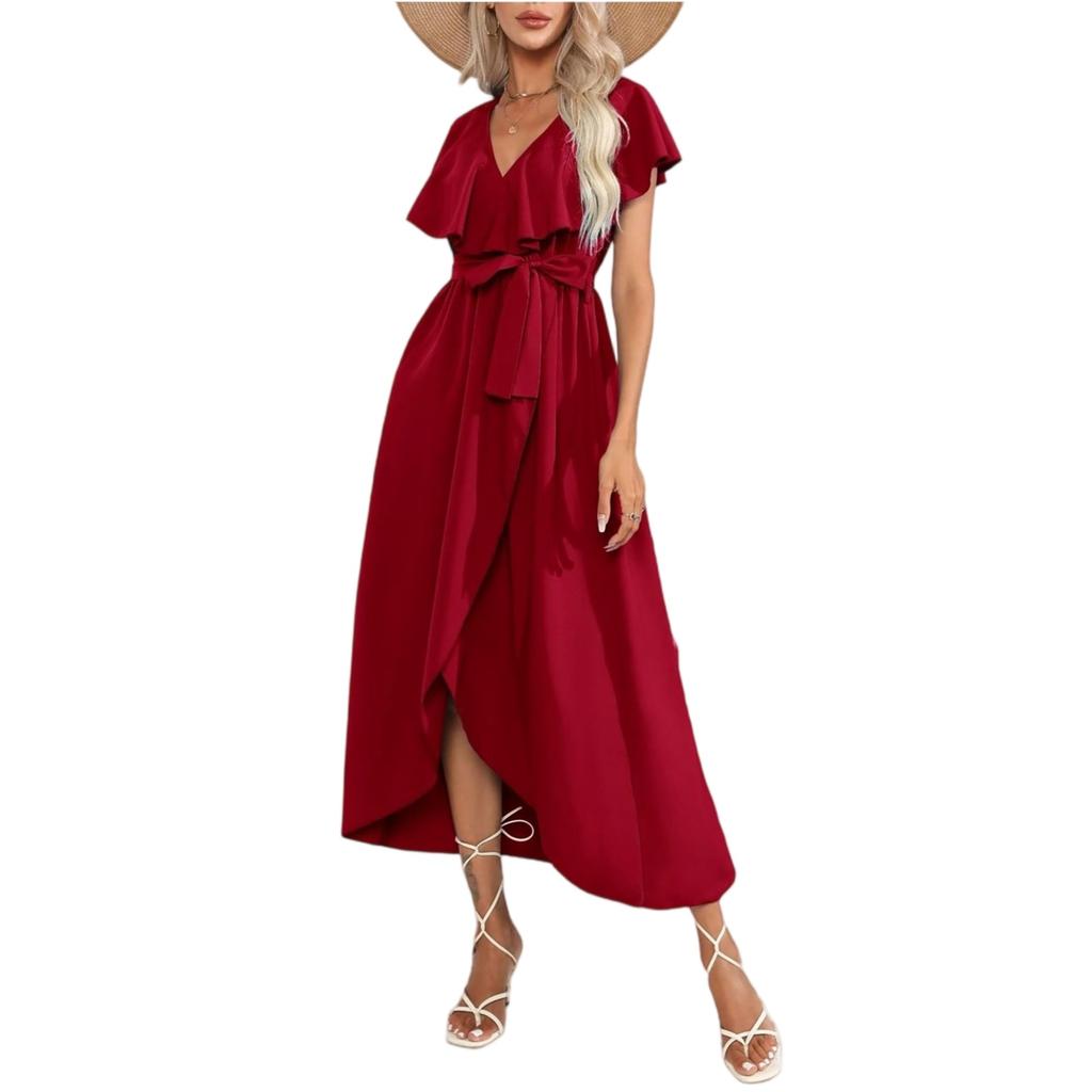 Women's Summer Ruffle V-neck Dress Casual Bohemian Slit Hem Beach Maxi Dress Dress