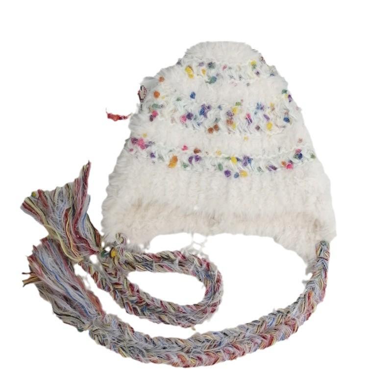 Korean Style Women's Cute Knit Hat Colorful Snowflake Fleece Hand Woven Tie Strap Autumn Winter Warm