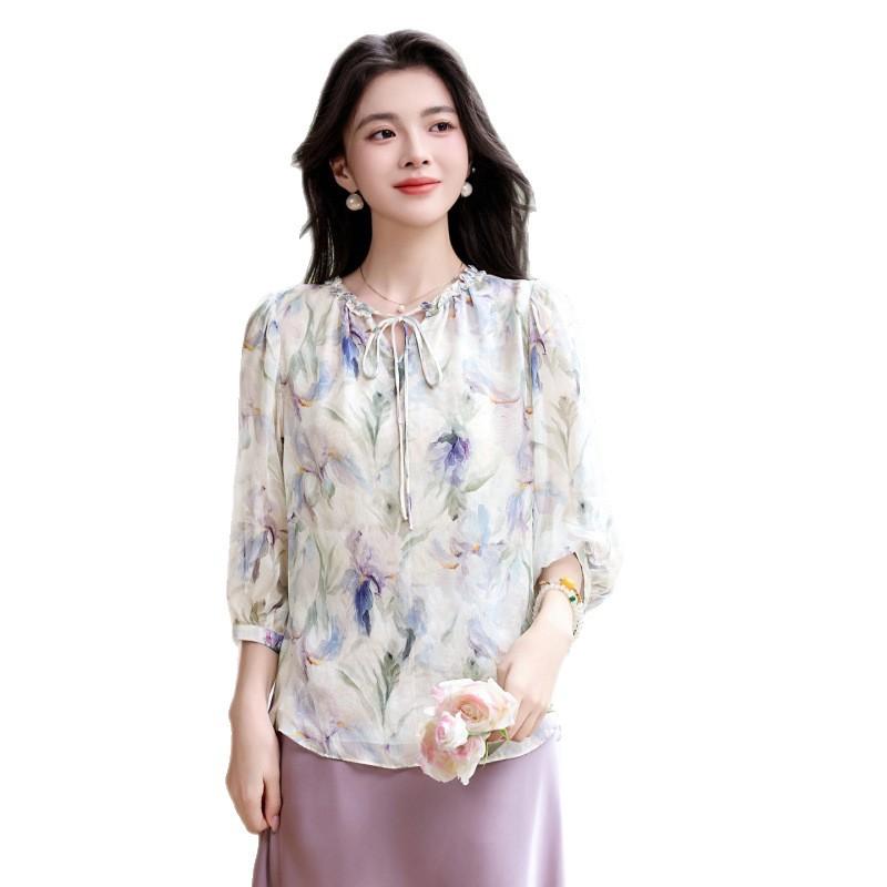 Silk Shirt Women's  Five-quarter-sleeved Silk Shirt Fashion Smudge Loose Mulberry Silk Shirt Top