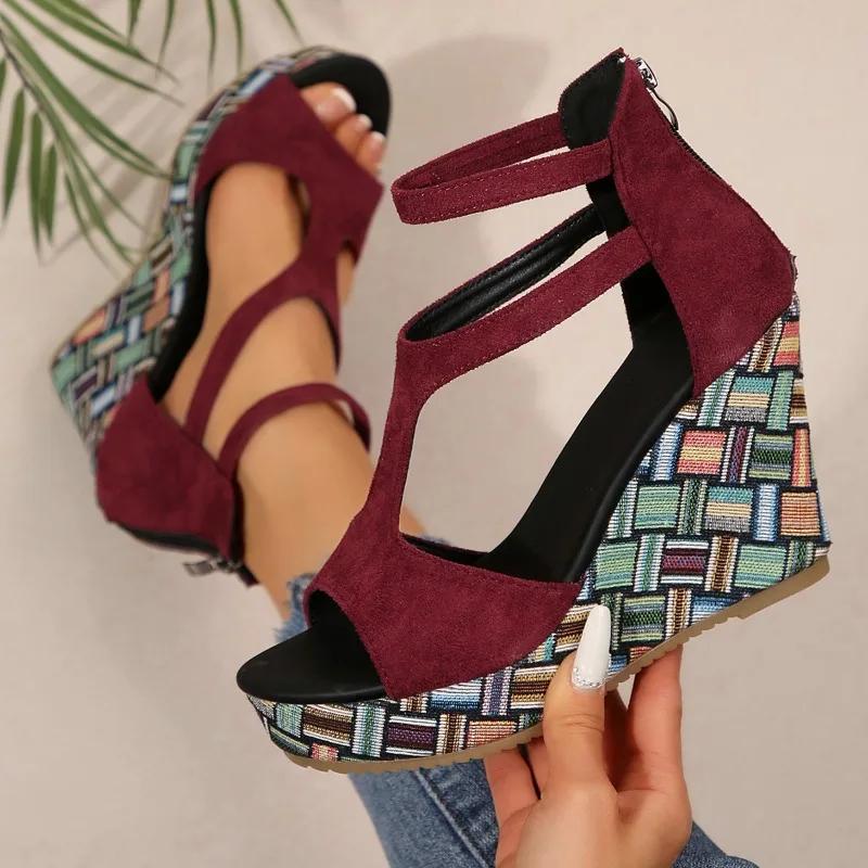 2025 Summer Wedge-shaped Women's Thick-soled Heels Sandals Open Toe High Heels Large Size Comfortable Platform Women's Shoes