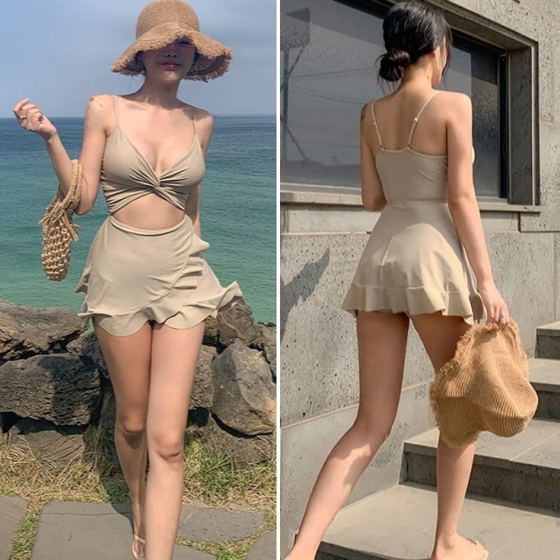 Monokini Swimsuit One Piece Flare Skirt Swimdress Camisole Straps Drawstring Padded No Wires DN6 Lelia [ISLAYCAOLILA] Women's (M, Black)