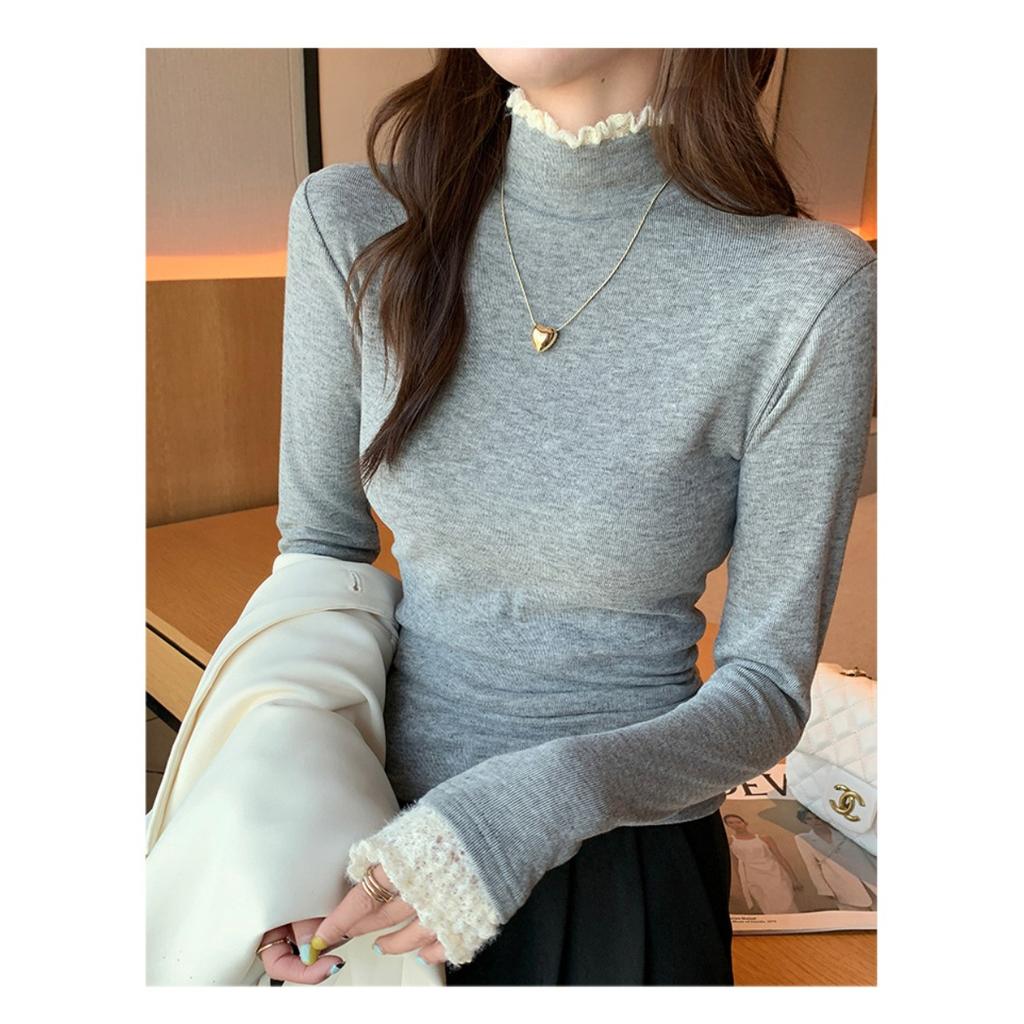 Lace Patchwork Half High Neck Base Sweater for Women, Autumn and Winter Thread Slim Fit Sweater, Lace Knit Sweater, Inner Top