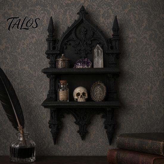 Gothic Wall Decor 3D Printed Double Tier Mount Shelf, Floating Unique Dark Home Soft Furnishing Style Vintage Display Rack for Decoration Organizer