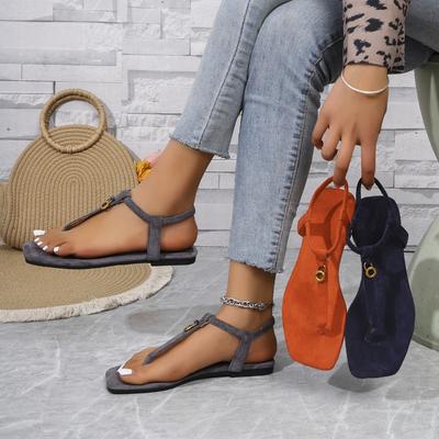 Women’s Thong Flat Sandals Metallic Buckle Open-Toe Roman Beach Shoes