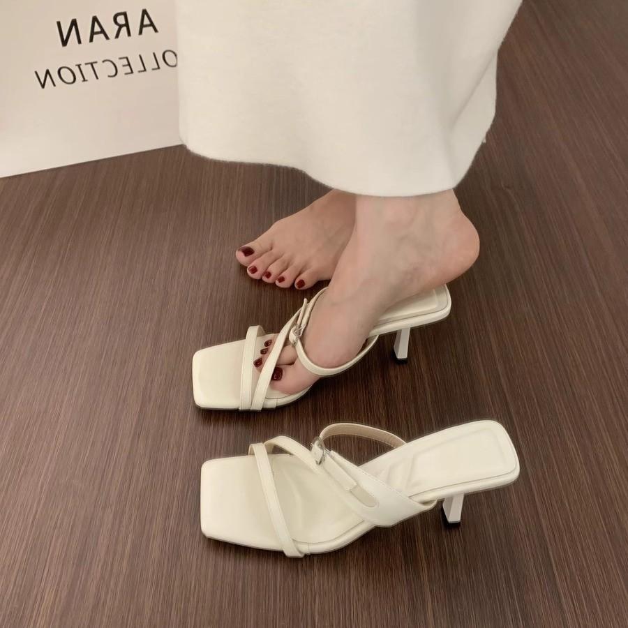 French fairy style beige square head open-toed slippers women's summer wear 2025 new stiletto 7cm high-heeled sandals