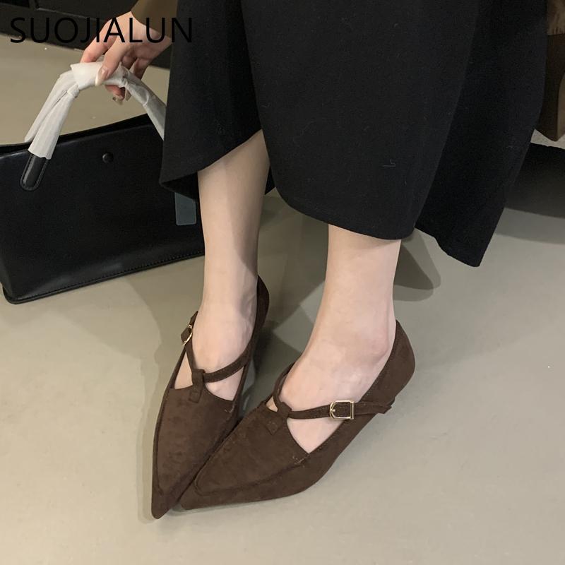 Fashion SUOJIALUN New Brand Women Pumps Shoes Fashion Pointed Toe Ladies Elegant Mary Jane Shoes Thin Med Heel Outdoor Dress Boat Shoes