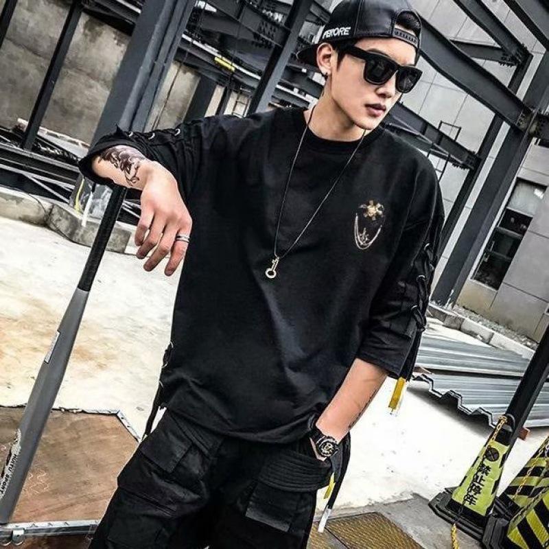 Men's Korean Style Trendy Hip-Hop Webbed Short-Sleeve T-Shirt - Loose Fit