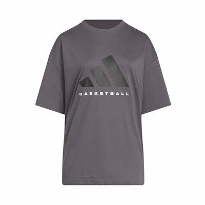 adidas T-shirt Unisex Girocollo Manica Corta con Logo Lettera Basket Grigio JC7834