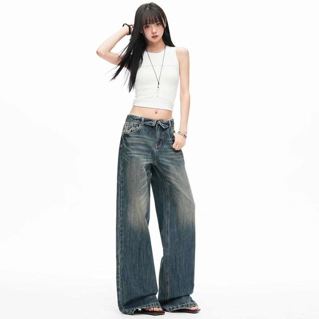 Trendy Vintage Cuffed Waist Relaxed Straight Wide Leg Comfy Denim Pants For Ladies Spring Summer Casual Pants Oversize Denim Trousers