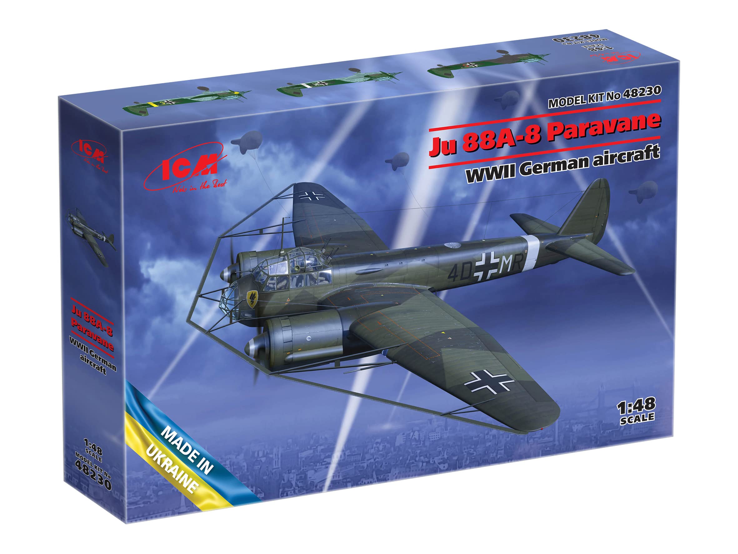 

ICM scale German Air Force Junkers with Balloon Cable plastic model kit molded color 1/48 Ju88A-8 Cutter, 48230,