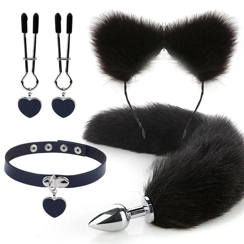 Anal Sex Toys Fox Tail Butt Plug Sexy Plush Cat Ear Headband With Bells Necklace Set Massage Sex Toys For Women Couples Cosplay