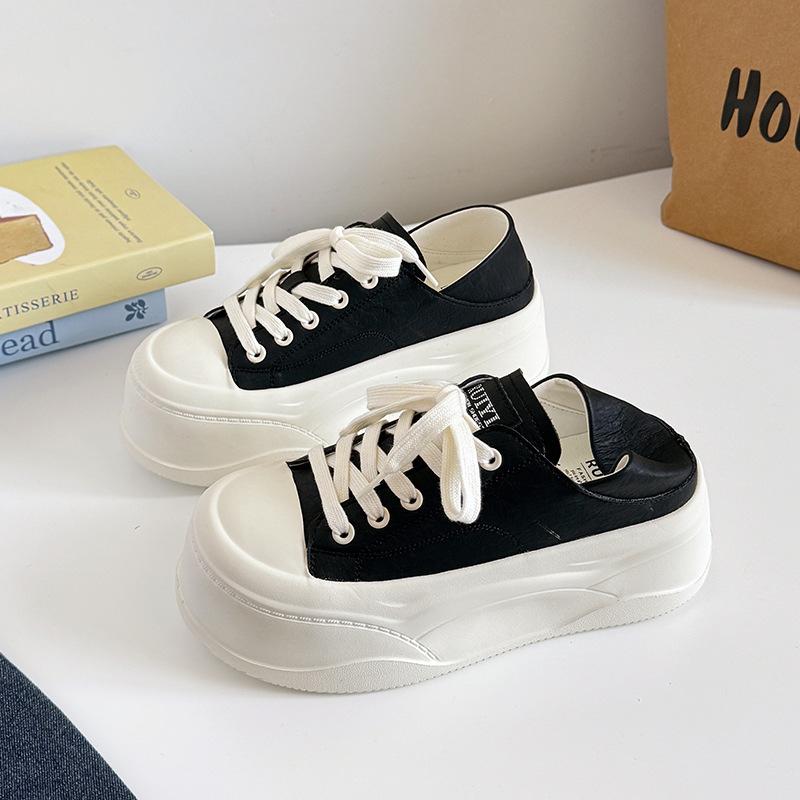 

One pedal and two wear leather lace-up single shoes, spring women s shoes baseplate shoes, half drag height-increasing platform shoes 40 чорний