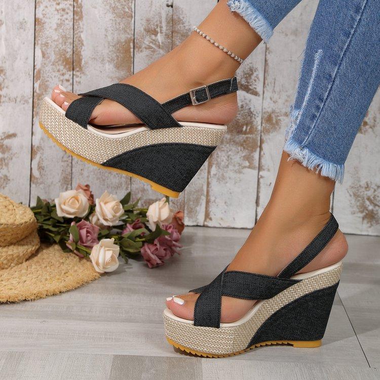 Scarpe taglie forti 35-42 per donna Sandali con zeppa e fibbia alla caviglia per donna Sandali estivi in denim Comodi sandali con suola spessa