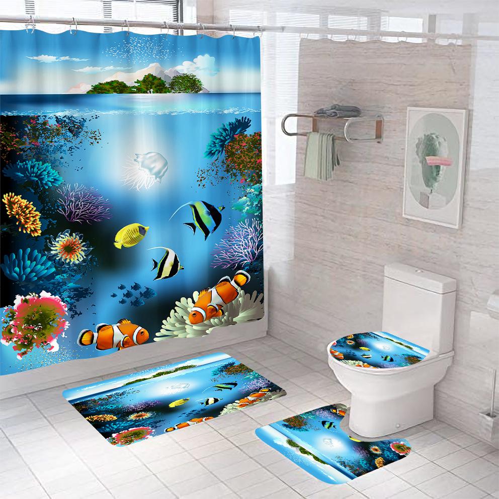 Bathroom Shower Curtain Four-piece Digital Printing Sand Underwater World Waterproof Shower Curtain Shower Curtain Partition Curtain Bath Mat