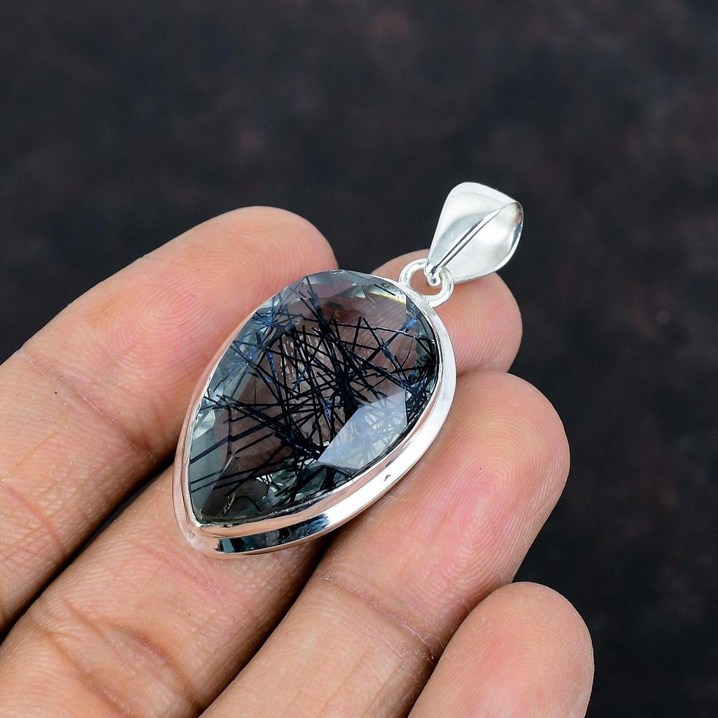 Faceted Black Rutile Pendant Natural Gemstone Pendant Amazing Jewelry 925 Sterling Silver Pendant Handmade Birthstone Pendant Gifts for Wife