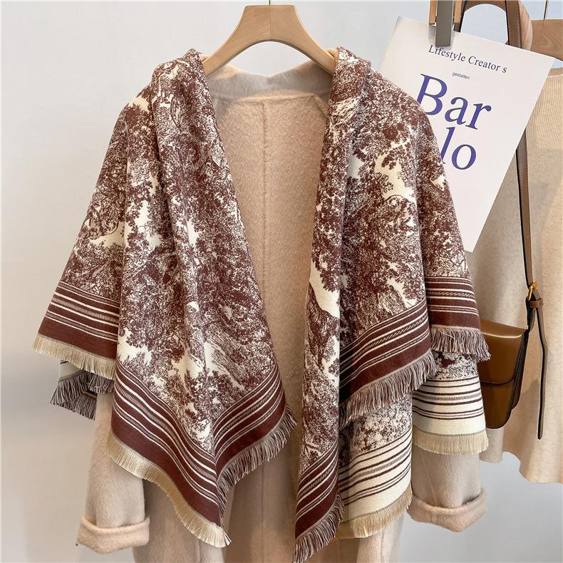 122*128cm Oversized  Imitation Cashmere Wrap with Tassels, Floral Travel Blanket Cape Pashmina Shawl for Women, Versatile scarf