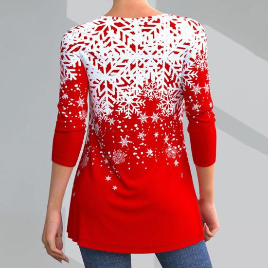 O-Neck Long Sleeves Lace Stitching Christmas Top Women Snowflake Theme 3D Printed Blouse Streetwear
