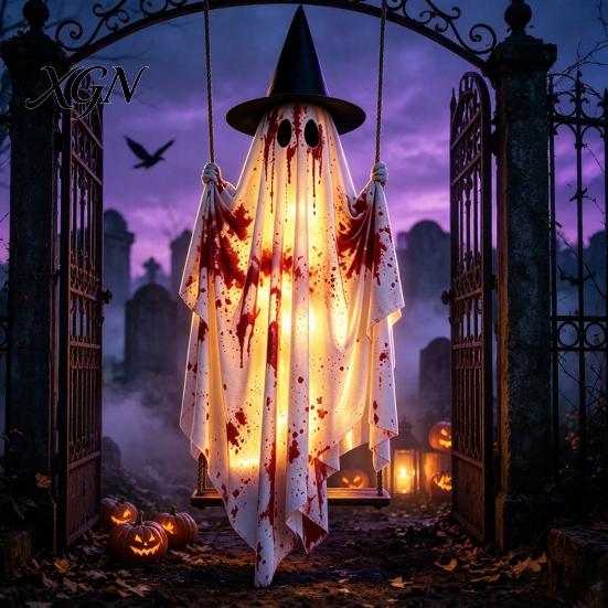 Leuchtende Hängende Figur Schaukel Geist Halloween Dekoration, Gruselige Leuchtende Große Schwingende Wasserdichte Batteriebetrieben mit Blutfarbenem Stoff für Veranda