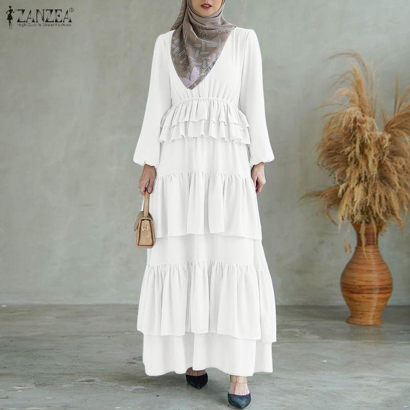 ZANZEA Women Round Neck Long Sleeve Casual Ruffles Long Dress