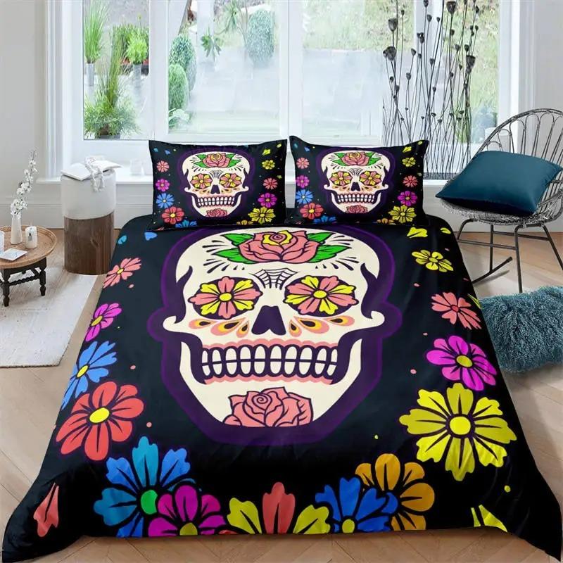 

Пододеяльник с изображением сахарного черепа, роскошный комплект постельного белья с изображением скелета в готическом стиле на тему Хэллоуина, цветочное одеяло, двойной комплект для девочек, детей и подростков US King 264x228cm