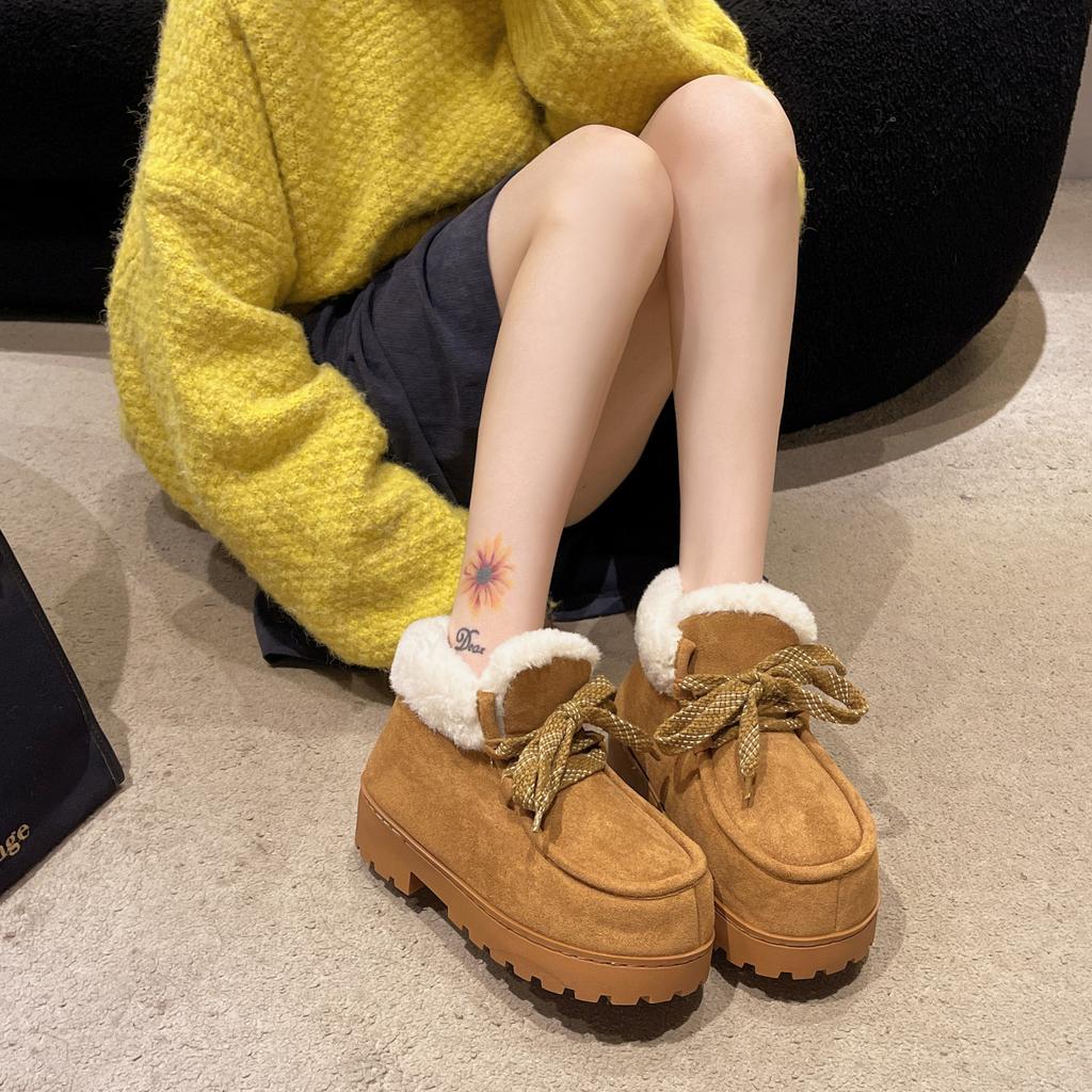 New retro winter snow boots warm thick-soled plush home outdoor short boots lace-up medium tube cotton slippers women