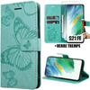 Synthetic Leather Case - BOOLING - for Samsung Galaxy S21 FE - Green PU Leather with Butterfly Pattern - 2 Tempered Glasses