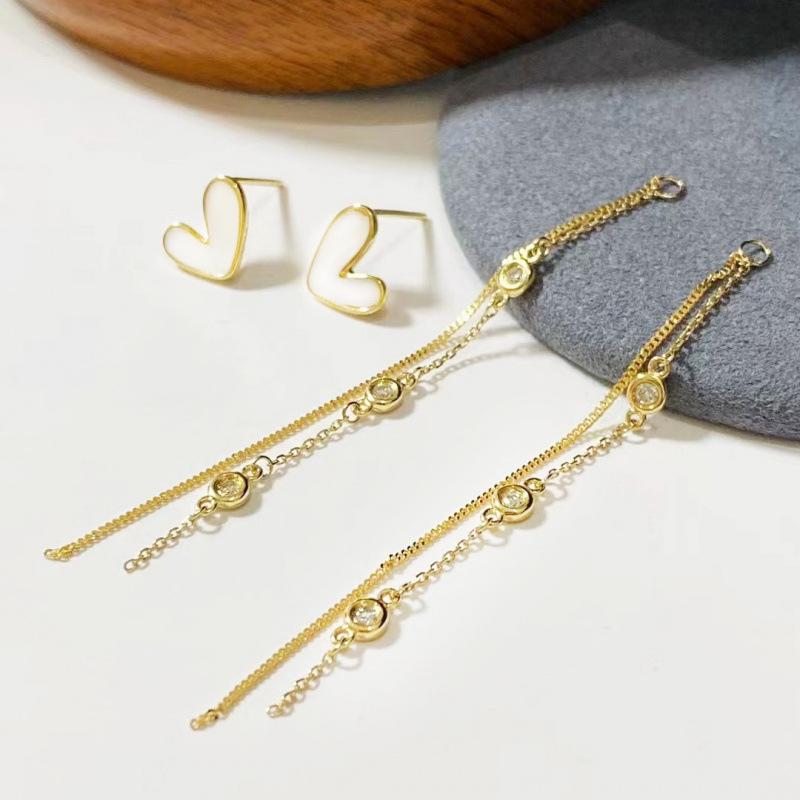 Two-way Heart Tassel Long Earrings: White Mother-of-Pearl Diamond Studs, Fairy-like and Fashionable.