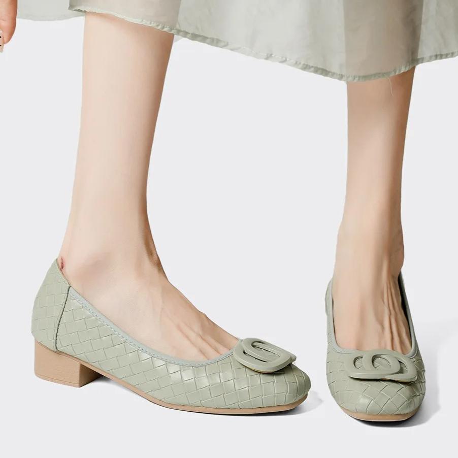 New Women Genuine Leather Pumps Checked Low Heel High Heel Shoes OL Fashion Dress Shoes