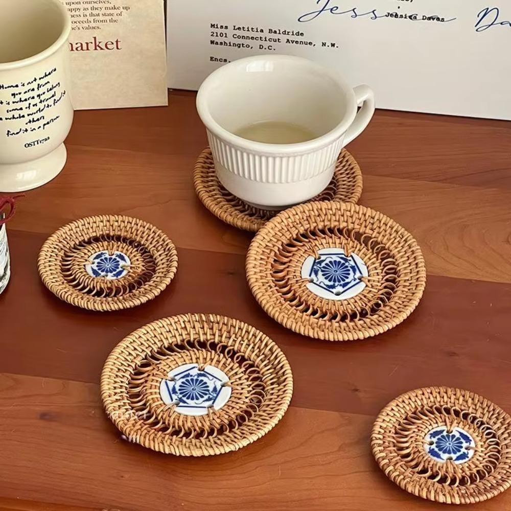 Handmade Vietnamese Rattan Ceramic Coaster Rattan Weaving Drink Cup Mat Teacup Mat  Craft