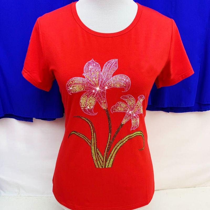 

Свободная футболка больших размеров для мамы с танцевальным принтом из страз и короткими рукавами Red 5XL