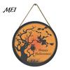 Decorative Round Hanging Sign Halloween Wall Pendant, with Pumpkin And Witch Silhouette, Wooden Retro Style Seasonal Door Ornament Sign, for