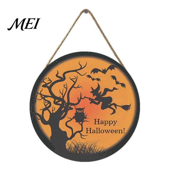 Decorative Round Hanging Sign Halloween Wall Pendant, with Pumpkin And Witch Silhouette, Wooden Retro Style Seasonal Door Ornament Sign, for