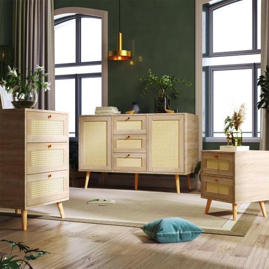 Modern Nightstand Side Table with 2 Drawers Rattan Front Oak Grain Solid Wood Legs Bedroom Small Spaces Bedside Table Natural Square Accent Table